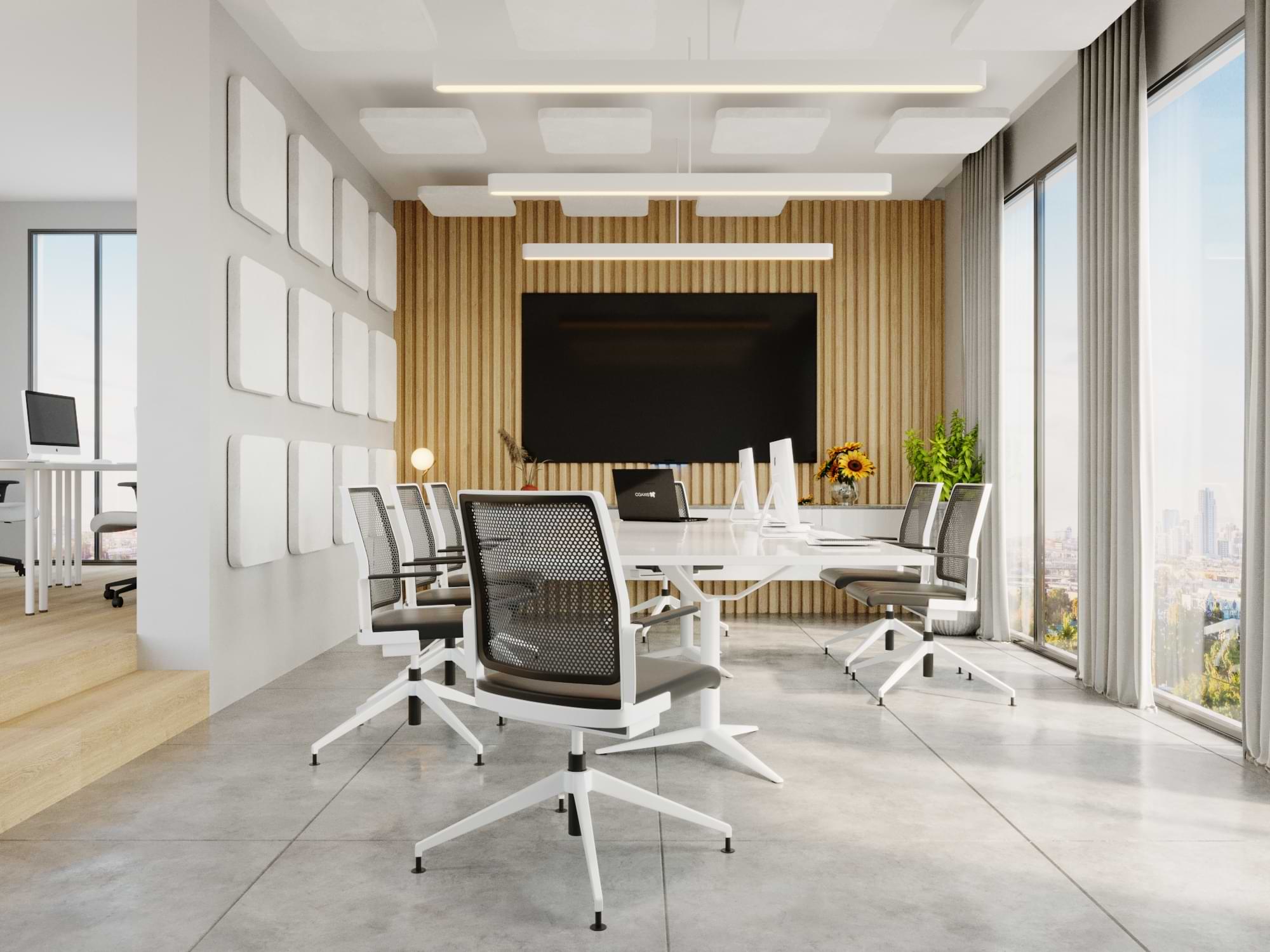 white acoustic panels in a meeting room.
